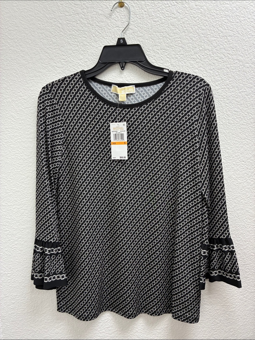 MICHAEL Michael Kors Black and White Diagonal Chain-Print Long-Sleeve Top